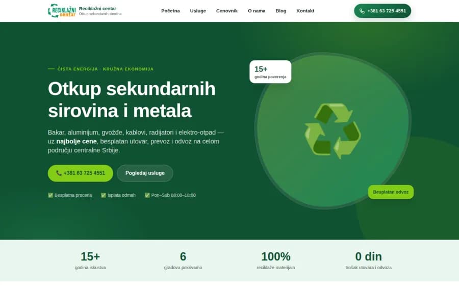 Sajt Reciklažni centar — otkup sekundarnih sirovina — screenshot početne stranice koju je izradio StartUp Solutions